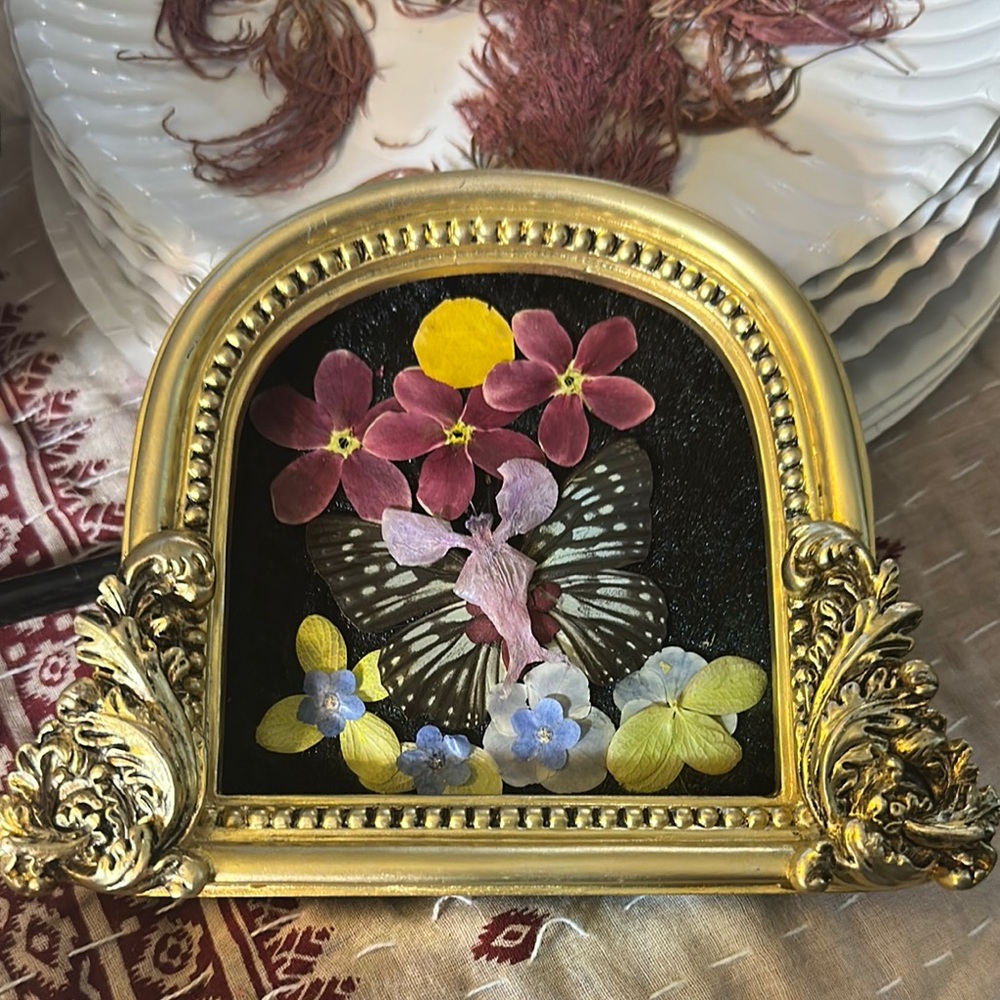 Vintage Gold Framed Butterfly and Floral Art